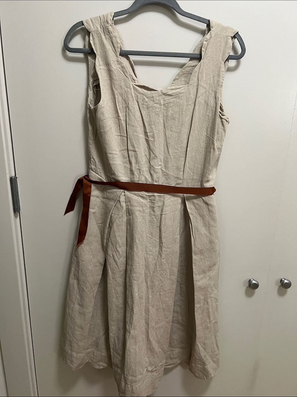 Sigrid & Olsen Sleeveless Tan A-Line Dress with Brown Waist Tie & pockets!!!!